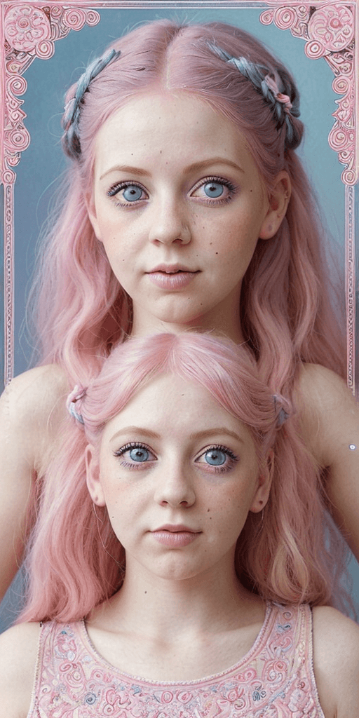 AI generated: A girl with pink hair and blue eyes in an Antique style. The girl has beautiful and big eyes, with l...