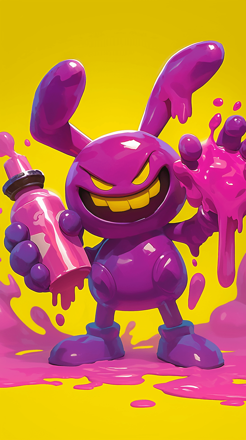 AI generated:  A cartoon-style illustration of an evil purple bunny character with yellow eyes, holding pink paint...