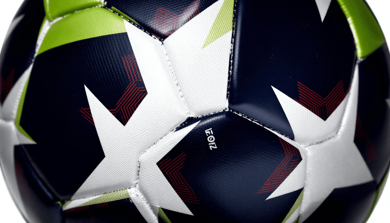 AI generated: An image of a FIFA soccer ball with dark blue, dark red, green, and white pentagons. --stylize 750