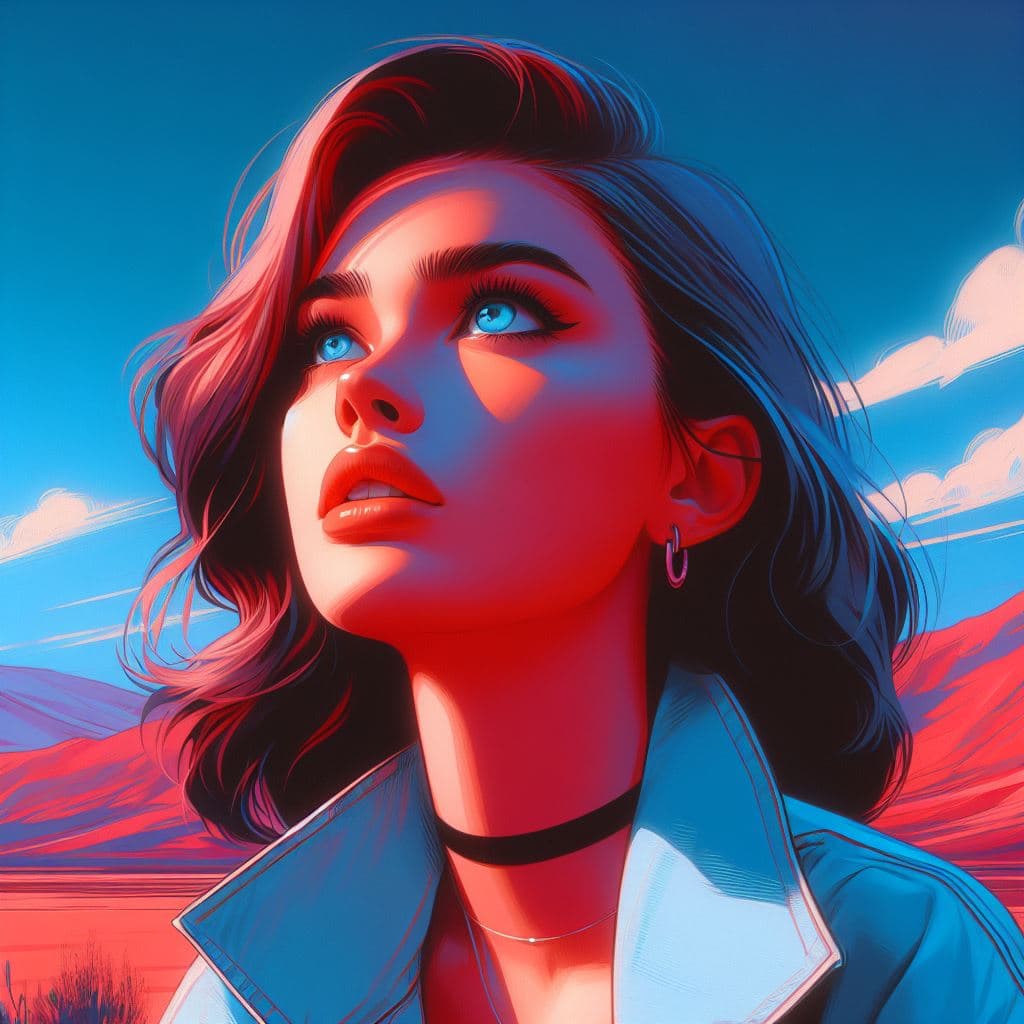 AI generated: a gorgeous girl with delicate features, looking up at the azure sky, profound, the color tone is Che...