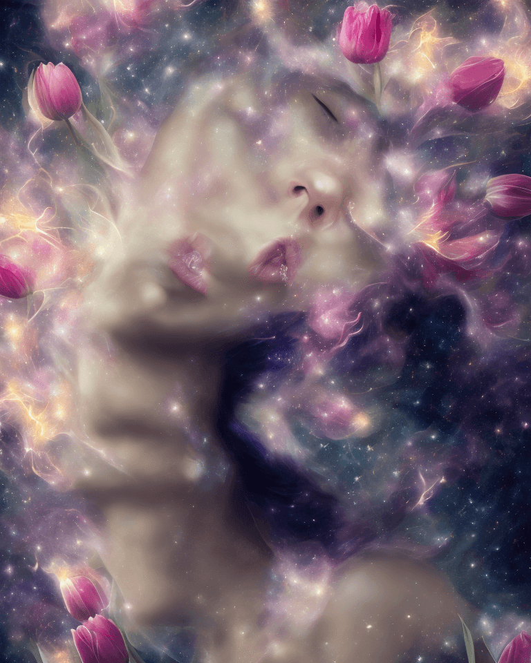 AI generated: soft woman with tulips opening in her hair, galaxy smoke fractals, elegant botany, dynamic movement,...