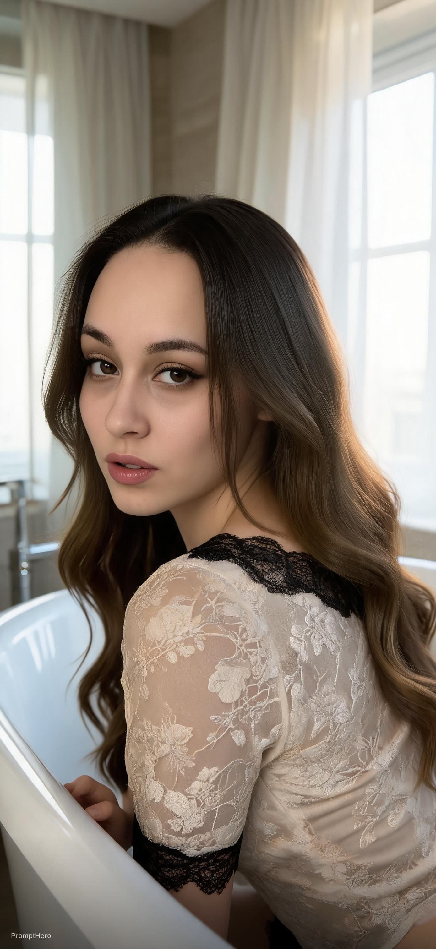 AI generated: a stunning, photorealistic portrait of a beautiful woman in an intimate and serene indoor setting. S...