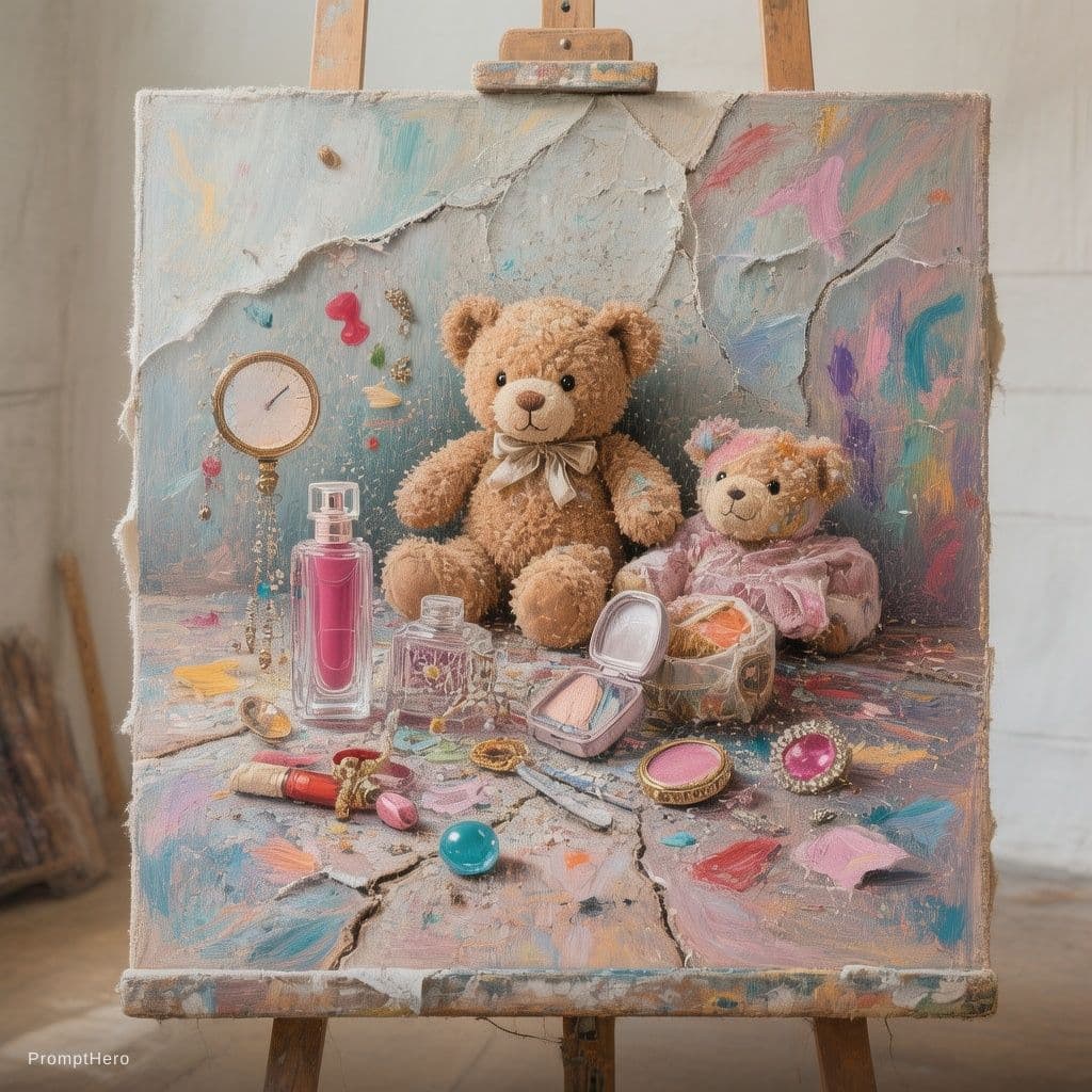 AI generated: 💔 1. “Breaking Innocence” Still Life
A carefully arranged still life:
•	Childhood objects (teddy, r...
