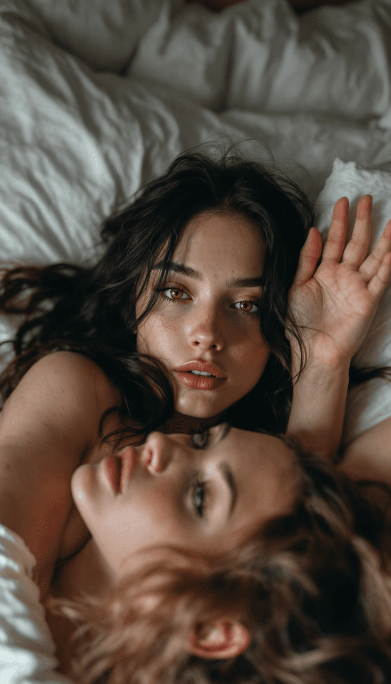 AI generated: Two beautiful girls have sex on bed, full-body view, +18, pornography, realistic detailed eyes, scor...