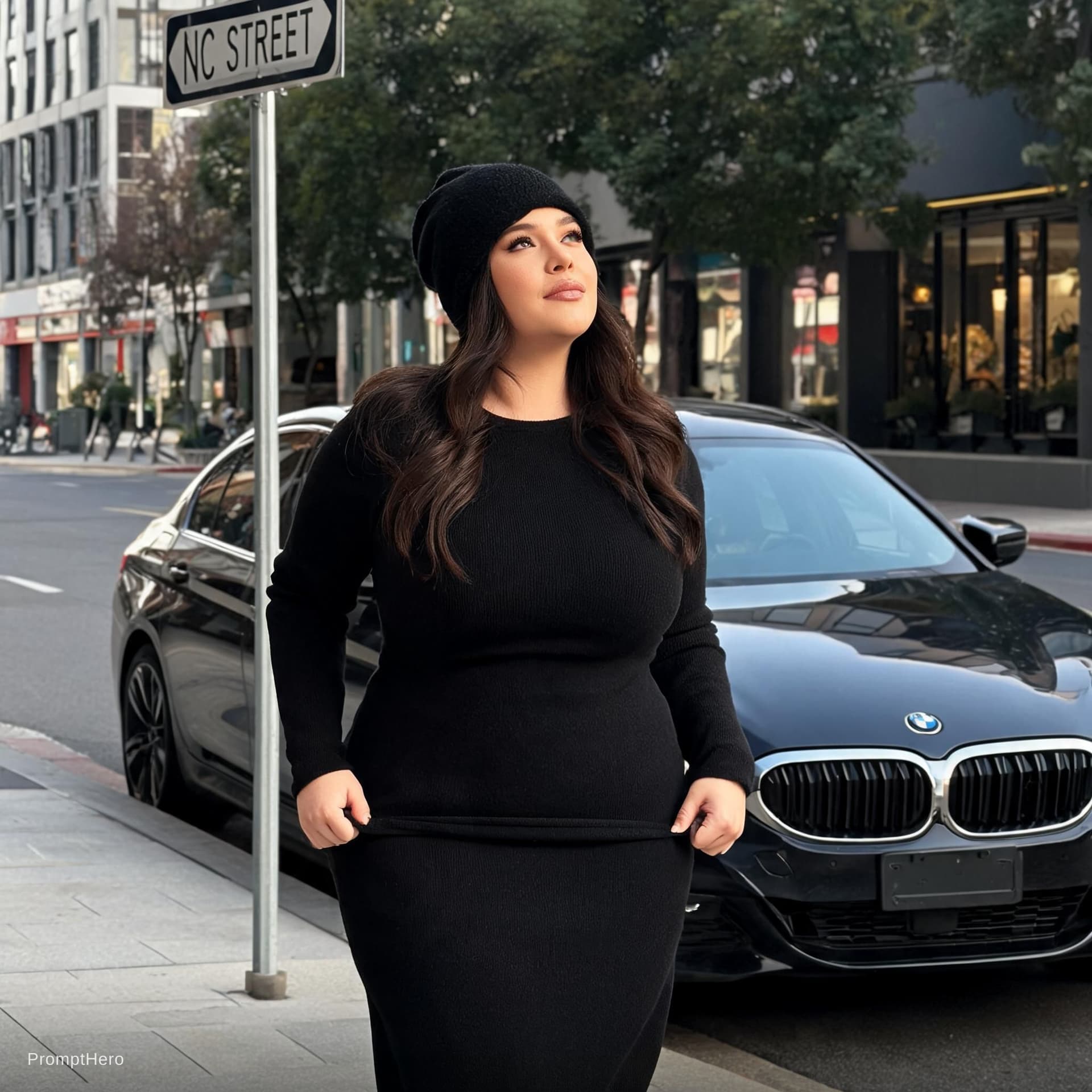 AI generated: This woman standing next to bmw(reference image given), she is wearing this black dress , she has av...