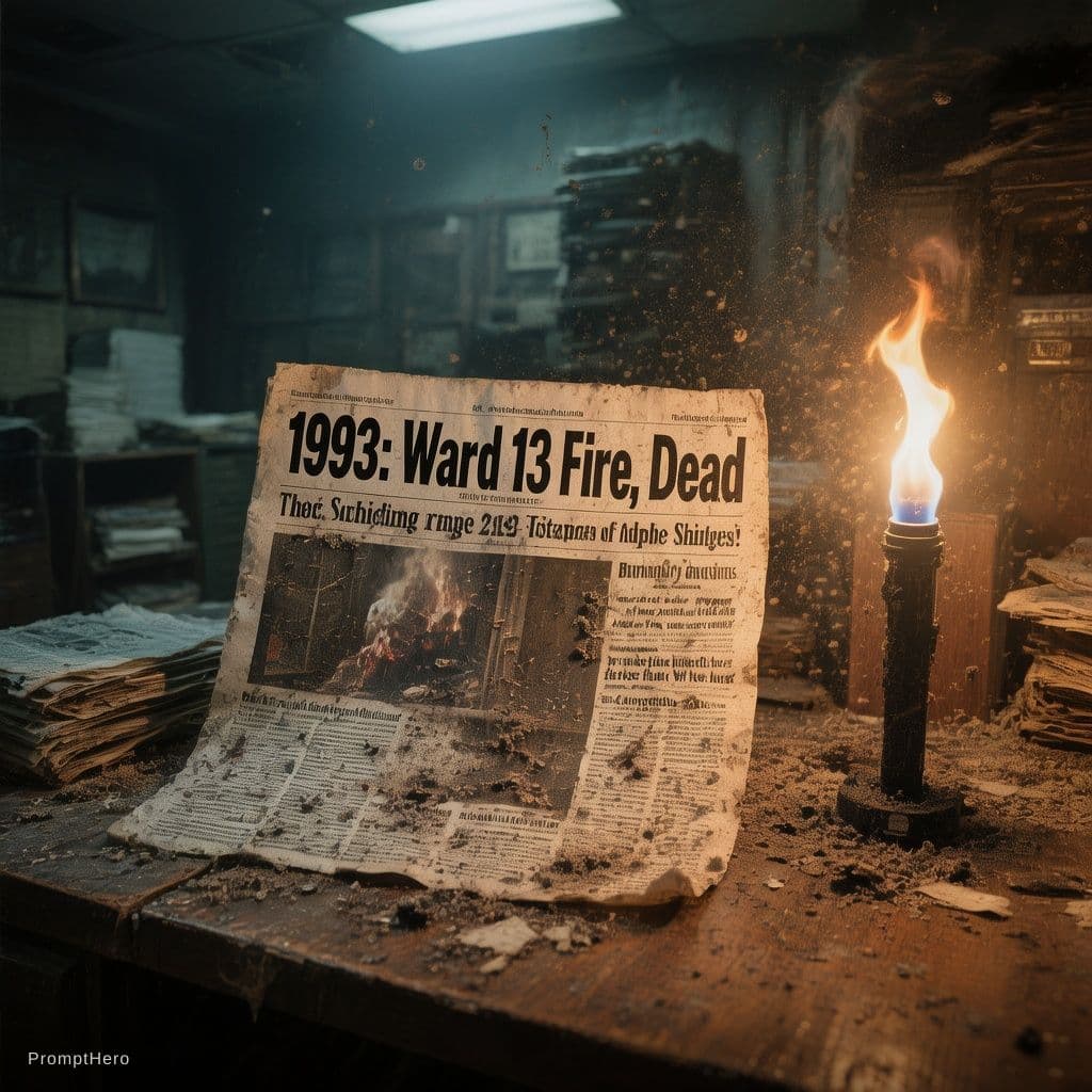 AI generated: Closeup of old burnt newspaper cutting on wooden table, headline "1993: Ward 13 Fire, 13 Dead", dust...