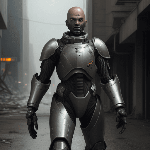 AI generated: black armed male figure in sci-fi battle armor, worn, scarred, bald head, armed figure, weapon in ha...