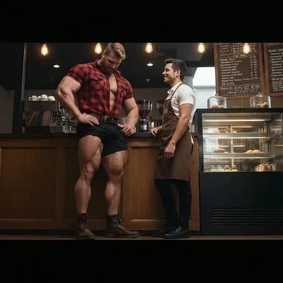 AI generated video: Bodybuilder grabs the Hispanic male's hand to touch his legs. 