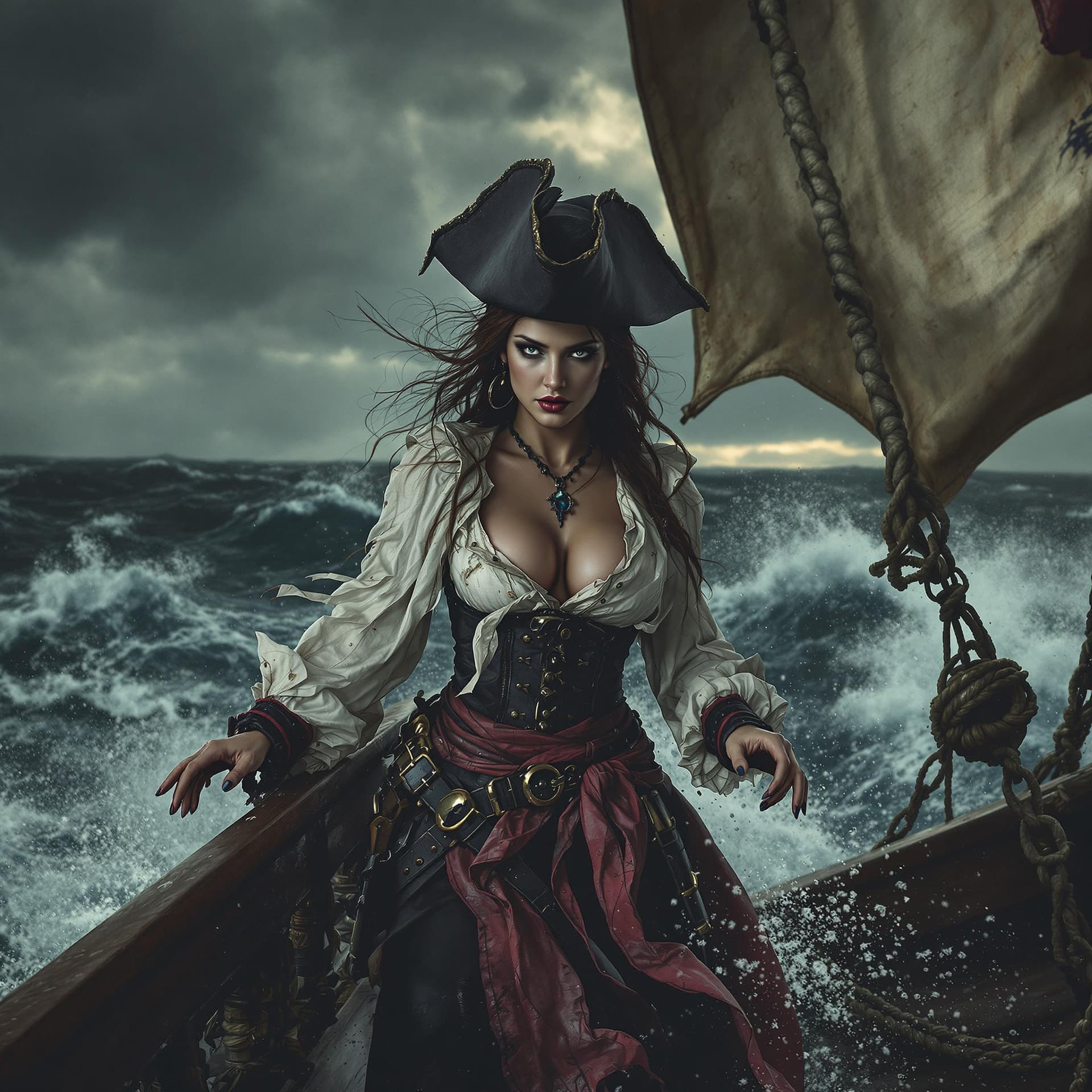 AI generated: Highly detailed photo of a pirate lady standing on the deck with her clothes scuffed, storm raging o...