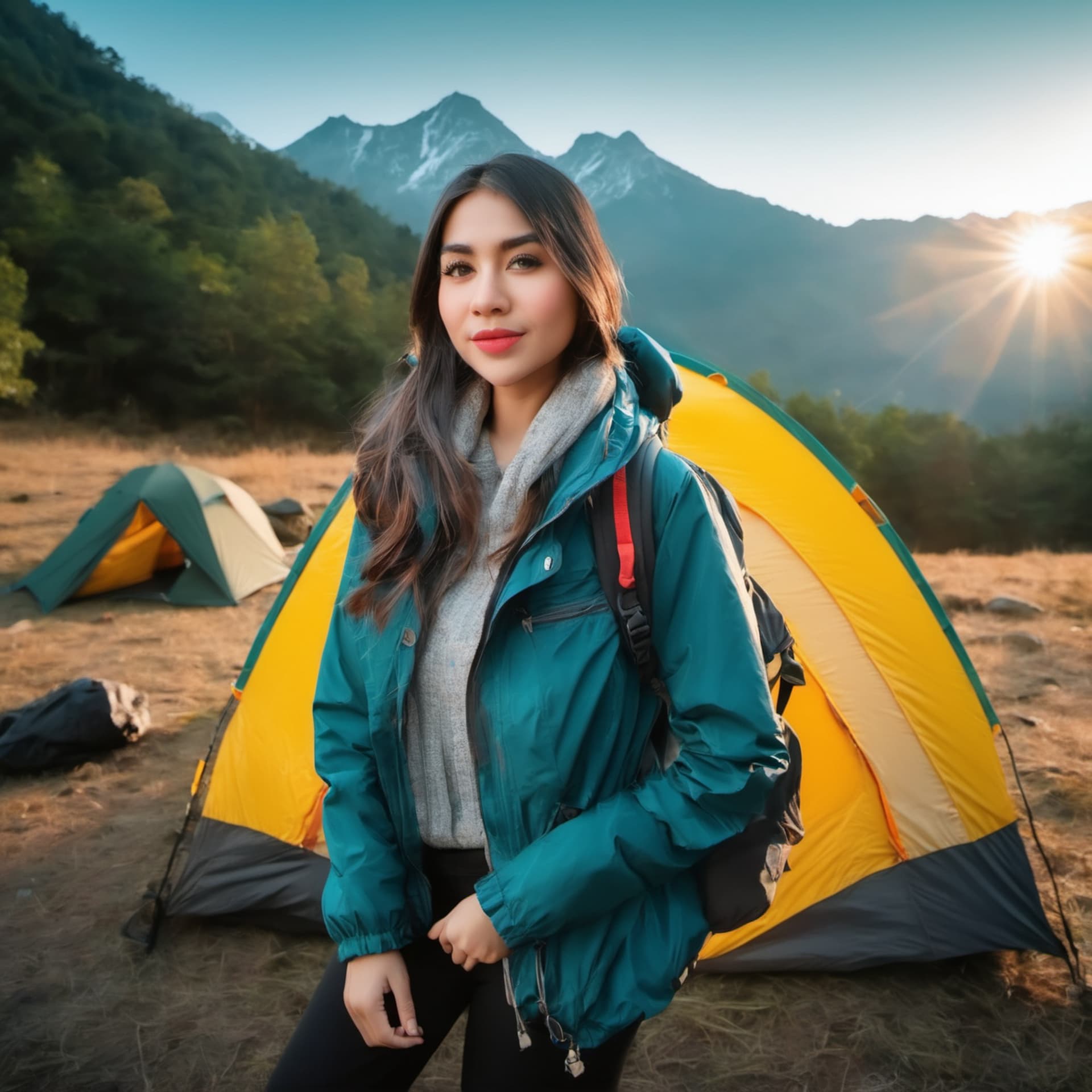AI generated: potrait of beautiful girl wearing jacket and big ransel behind, camping ground, mountain, sun light ...
