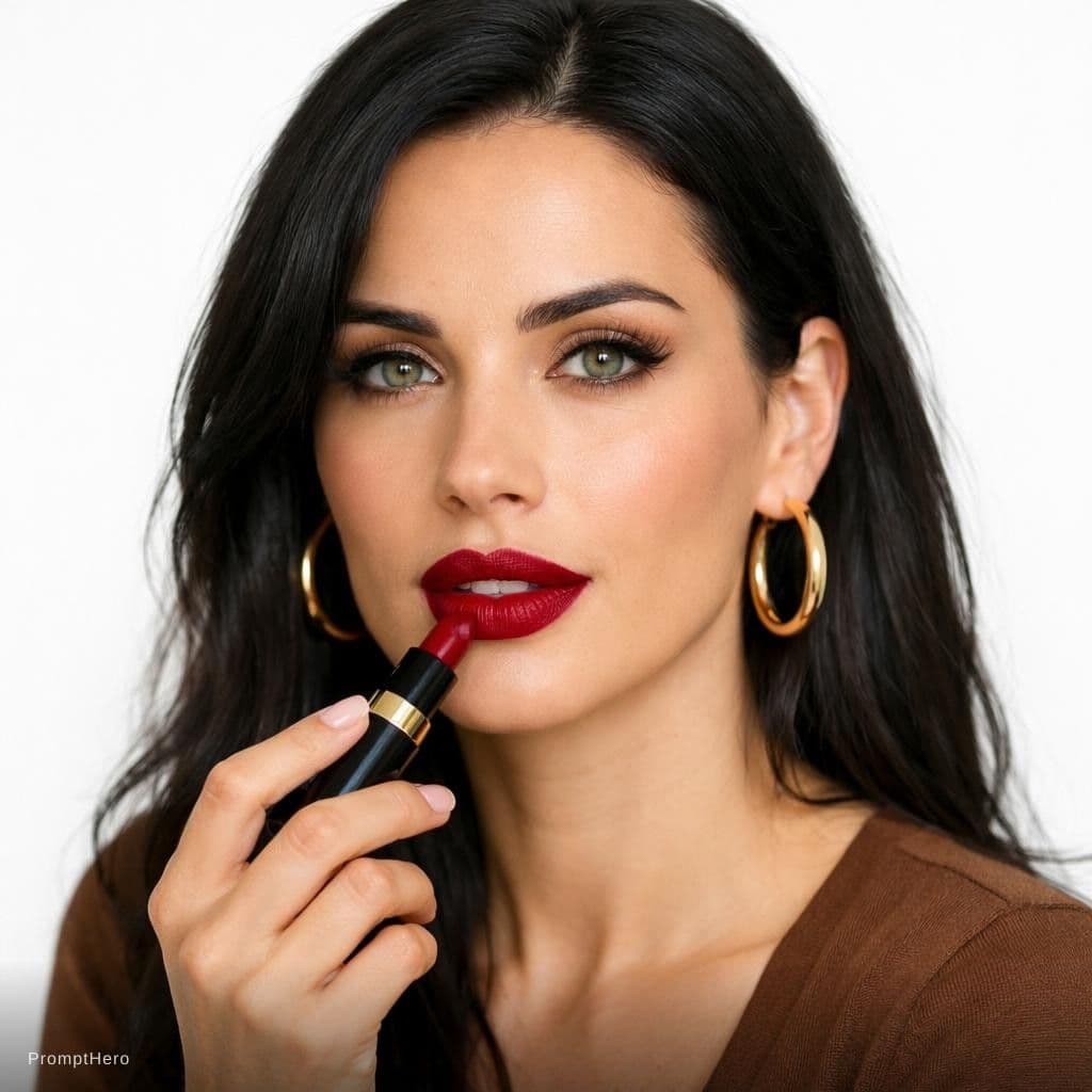 AI generated: Woman Applying Lipstick
A woman with green eyes and dark hair applies deep red lipstick, wearing gol...
