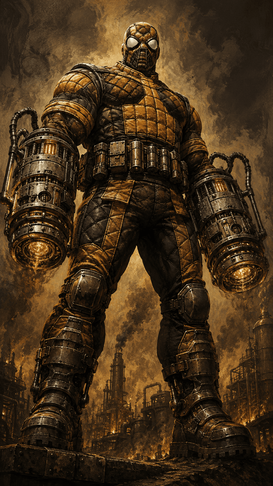 AI generated: Towering retro-industrial comic-book villain standing in a dramatic full-body pose, compact and mass...