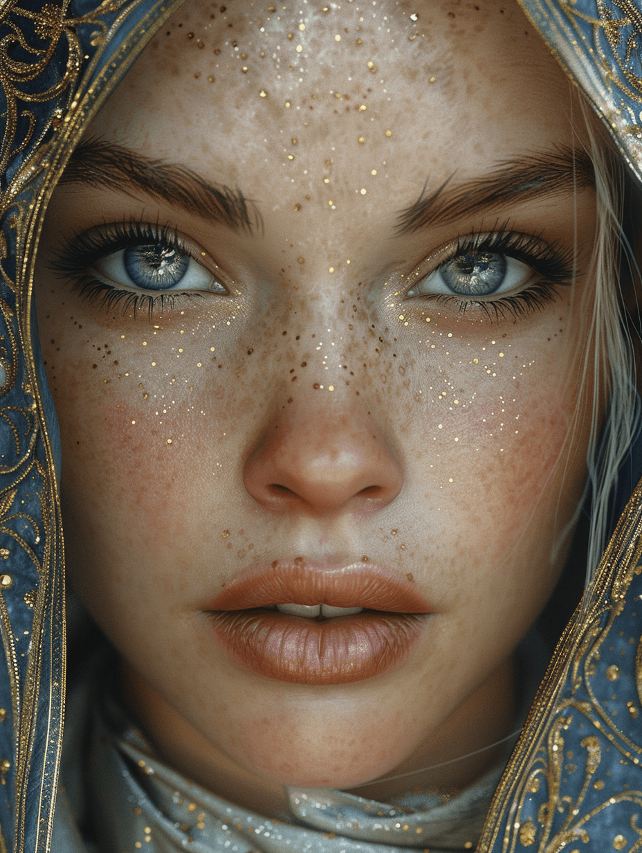 AI generated: Close up mucha style female elf wearing intricate robes, silver and navy, scholar, moonlight, detail...