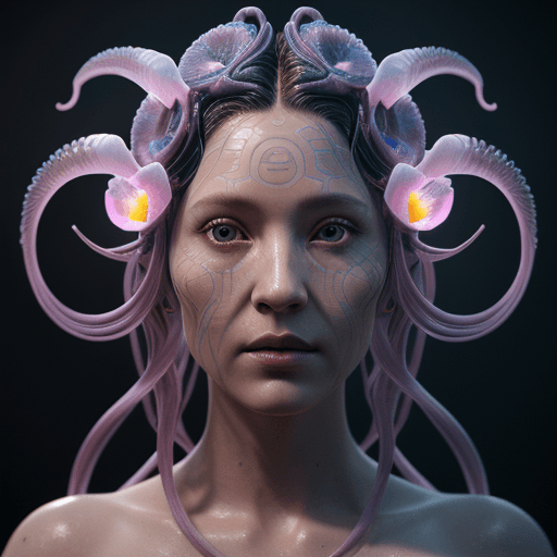 AI generated: Goddess close-up portrait ribcagel. jellyfish phoenix head, nautilus, orchid, skull, betta fish, bio...
