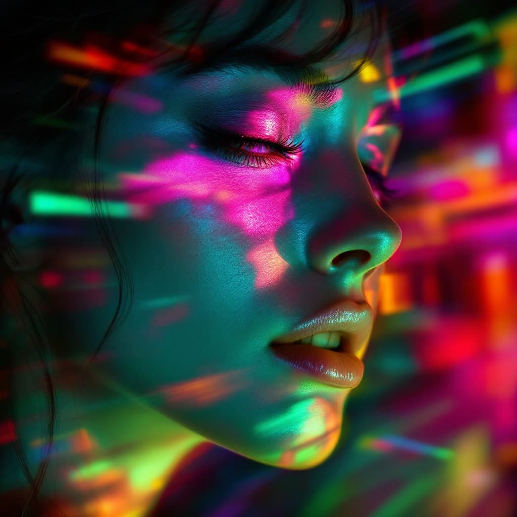 AI generated: Close-up portrait of a woman with a neon pink shadow on her face against a colorful background, with...