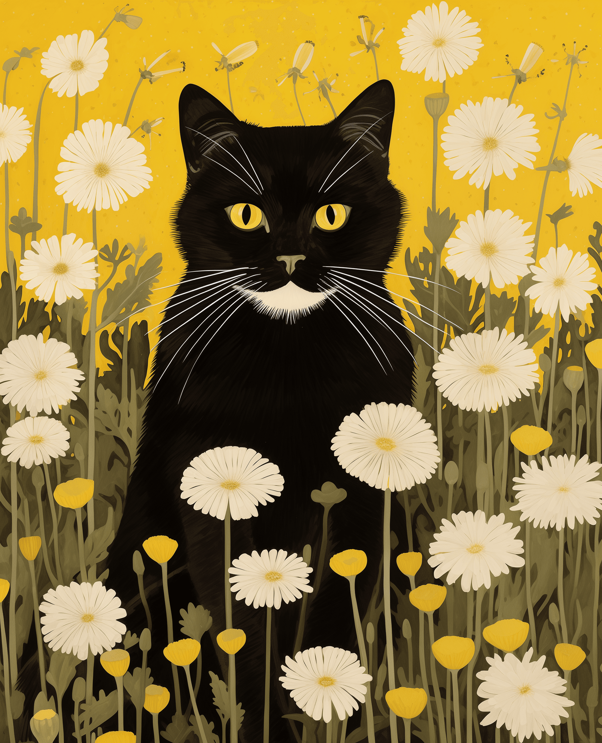 AI generated: A black and white cat sitting in the middle of yellow dandelions, with two other cats on each side, ...