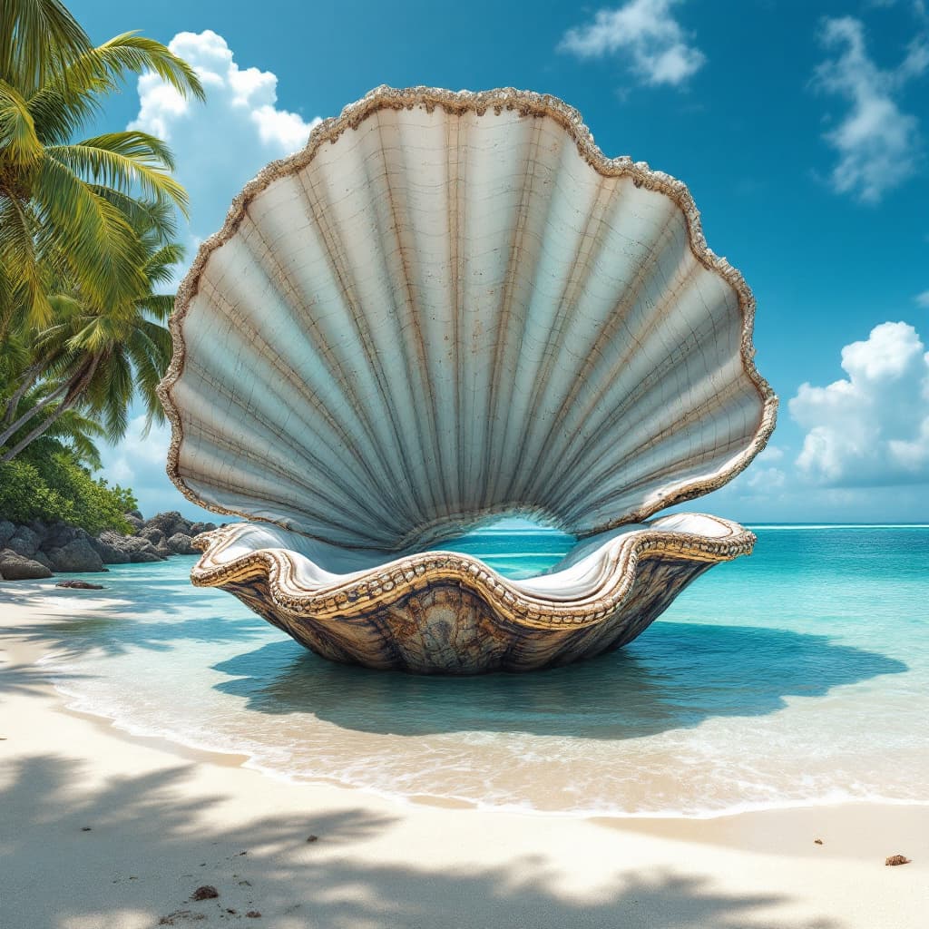AI generated: the (((planet earth!))) inside a giant clam shell on a beach, palm trees, blue ocean, by Albert Dros...