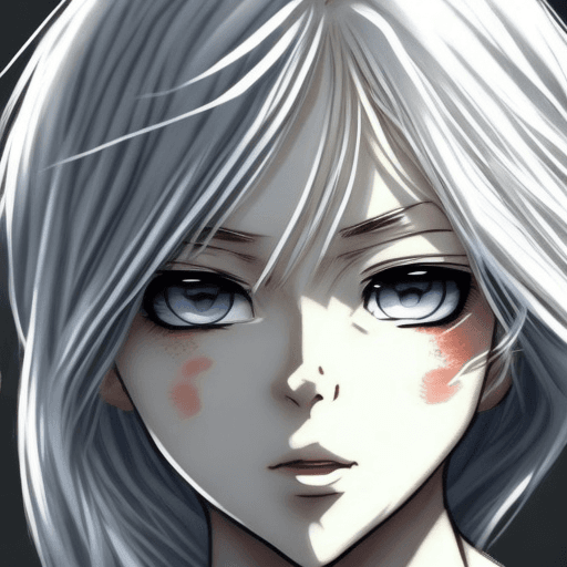 AI generated: female, light blonde hair, gray eyes, neutral facial expression, expressive style, anime style