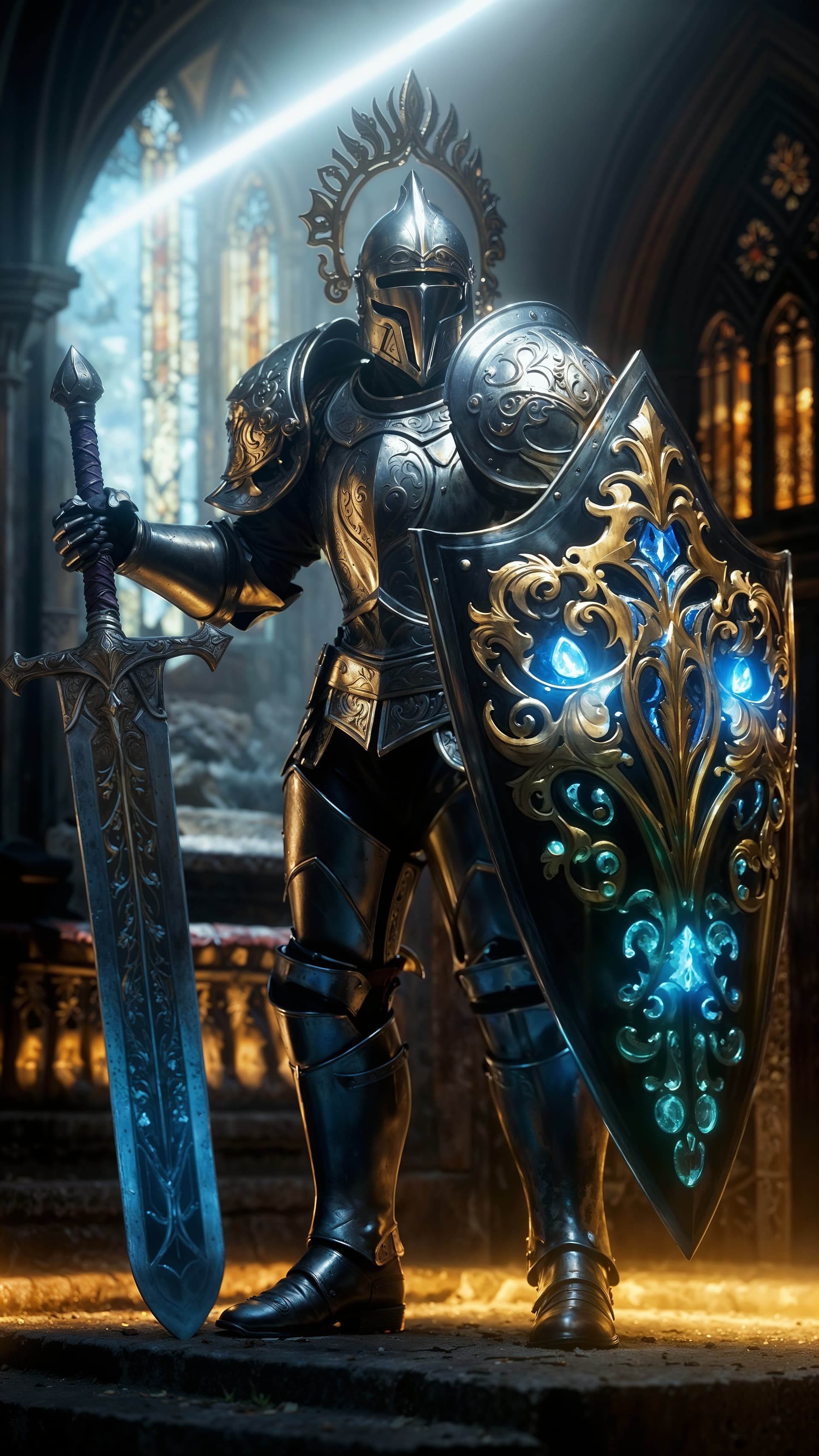 AI generated: A captivating dark fantasy illustration featuring a translucent paladin standing tall in gleaming, t...