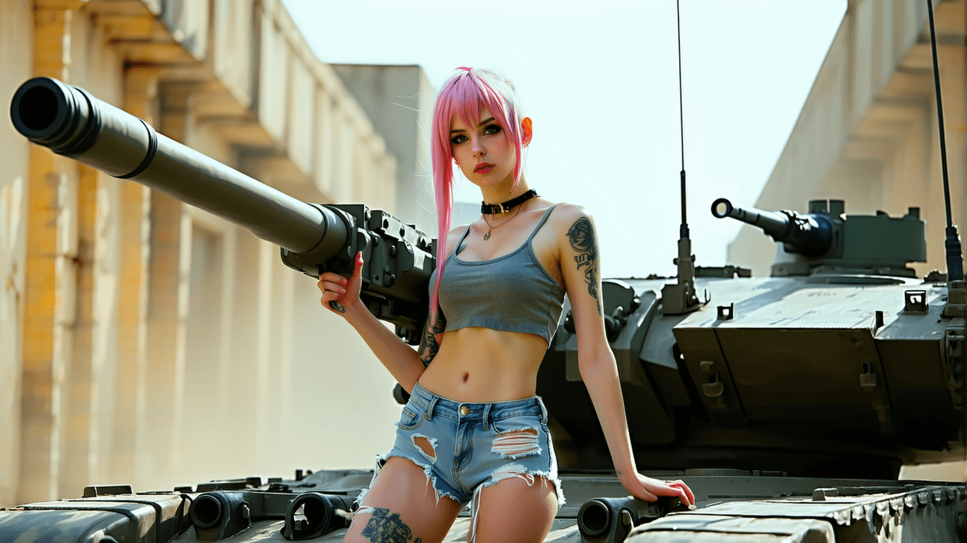 AI generated: ultra realistic, 18 year old tank girl cosplay. Crop top. Ripped short shorts. Athletic. Shaved head...