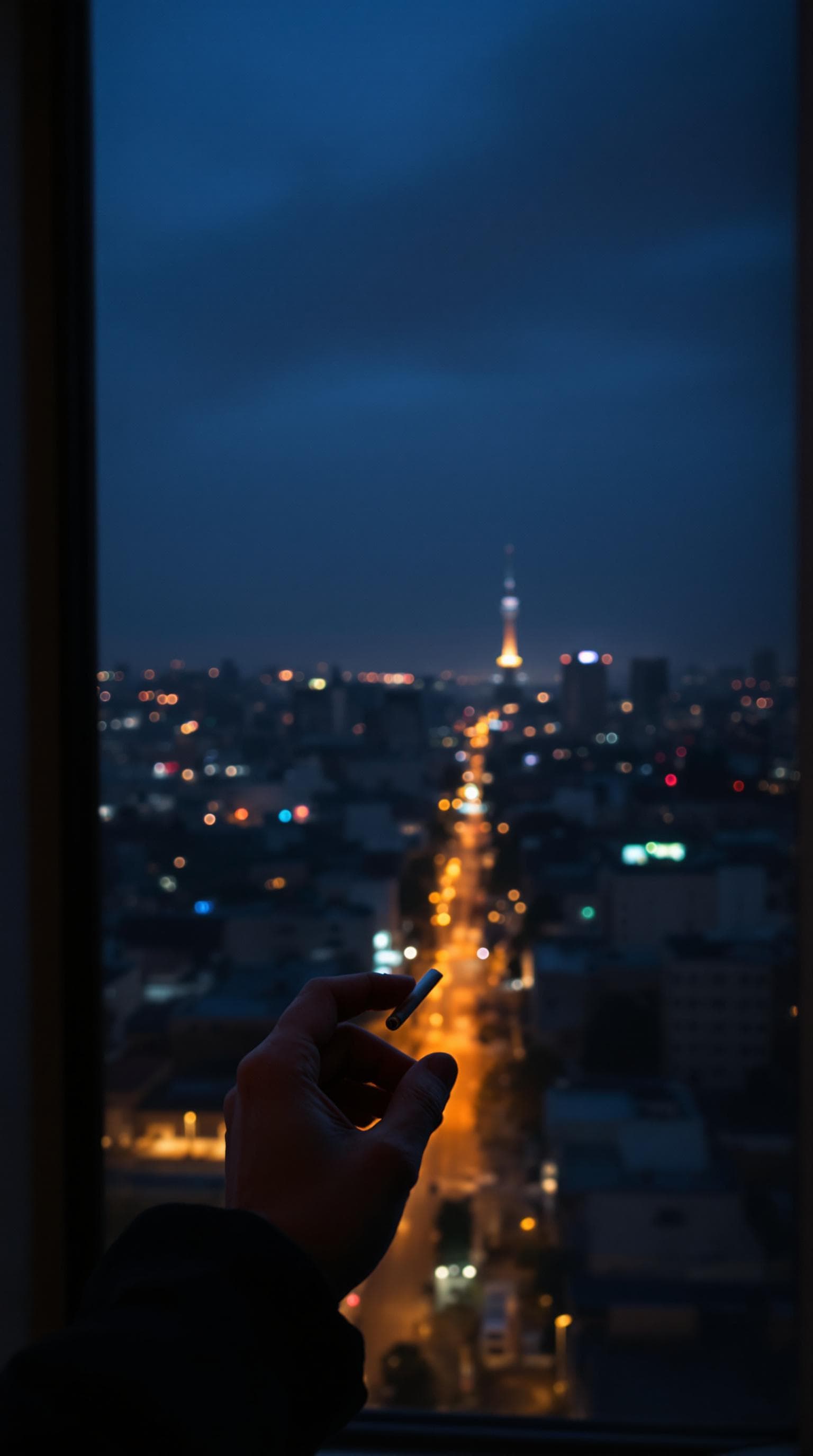 AI generated: POV first-person, i am standing by the window, smoking a cigarette, captured from a first-person per...