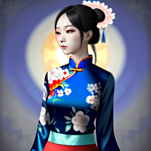 AI generated: chinese blue blouse, in the style of dreamy and romantic compositions, floral explosions --ar 24:37 ...