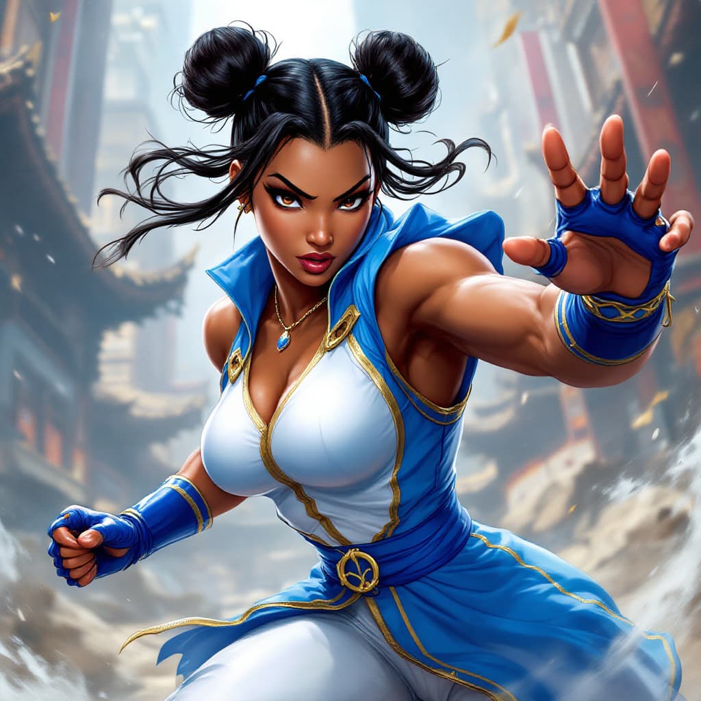 AI generated: African american skin, Dark skin, Chun-Li, Street Fighter, blue and white outfit with gold trim, act...