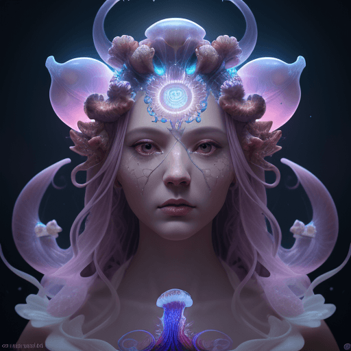 AI generated: Goddess close-up portrait ribcagel. jellyfish phoenix head, nautilus, orchid, skull, betta fish, bio...