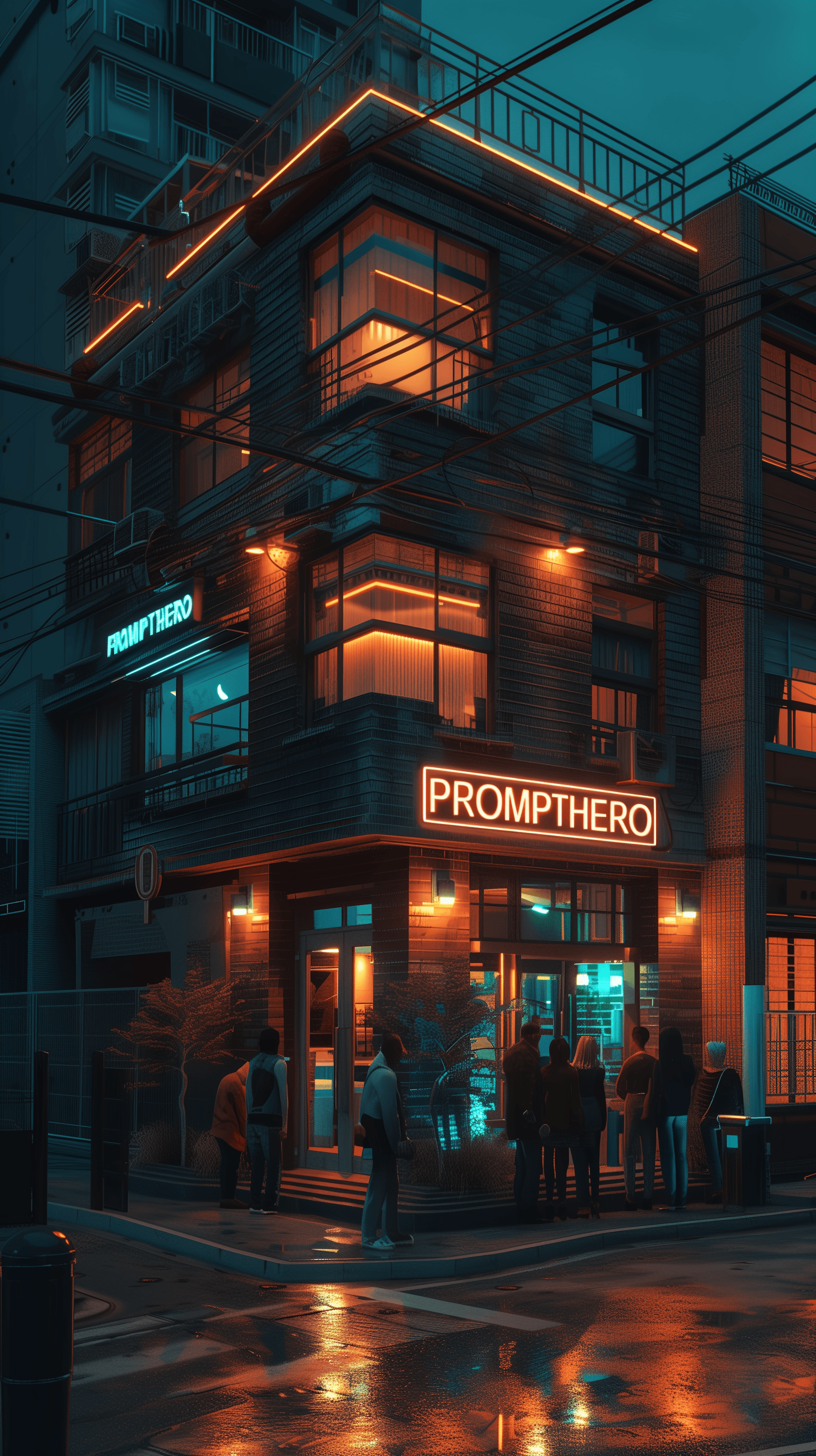 AI generated: photorealistic, building, front view, modern urban night, "PROMPTHERO" text bracket signage, in neon...
