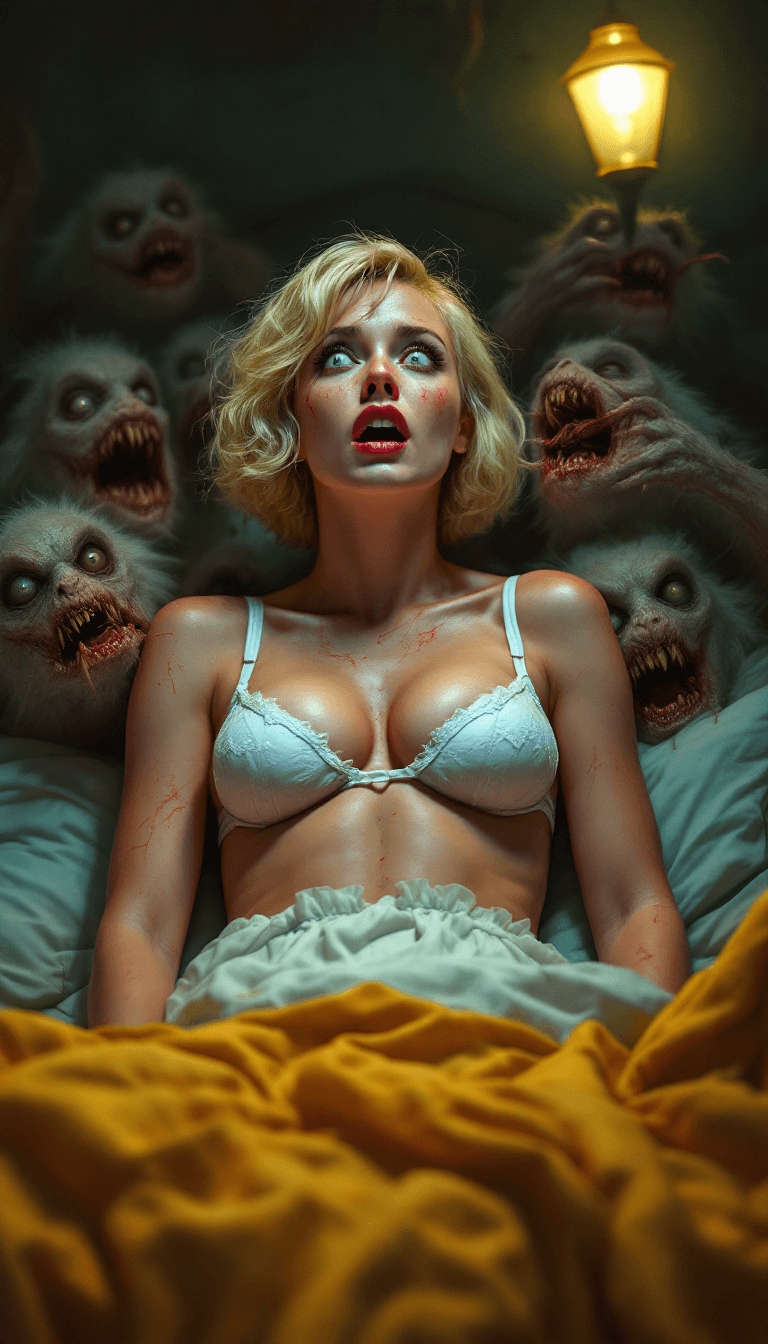 AI generated: In the hyperreal style of Tom Bagshaw, a vibrant, dynamic, horror-inspired, colorful image of an att...