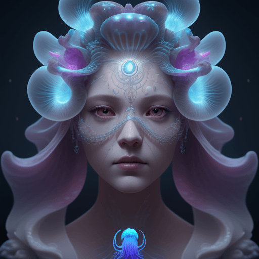 AI generated: Goddess close-up portrait ribcagel. jellyfish phoenix head, nautilus, orchid, skull, betta fish, bio...