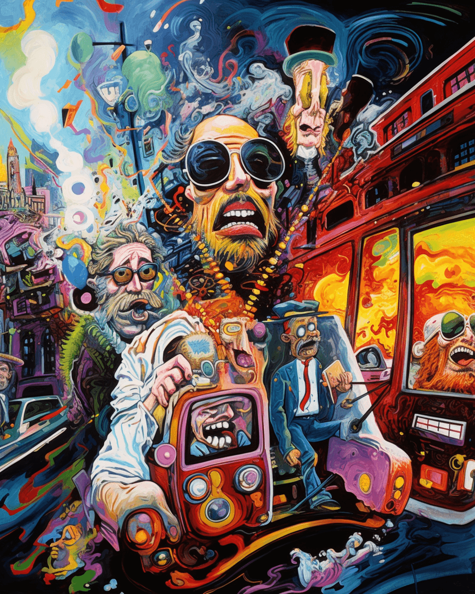 AI generated: painting of a psychedelic trip in 1960s San Francisco, in the style of Ralph Steadman, extremely det...