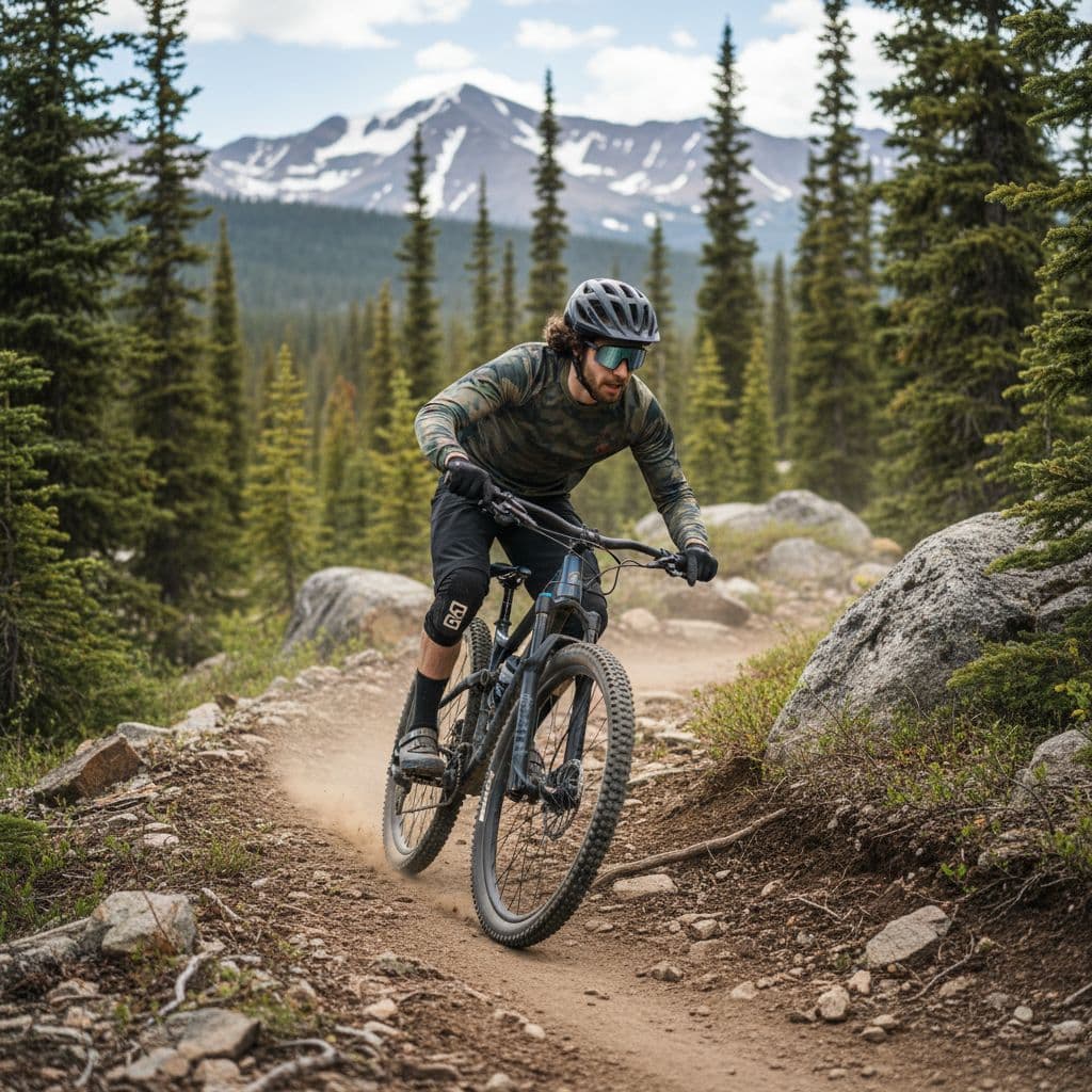 AI generated: man in the  uploaded photo, cycling a bike in the wild, mountain-bike, wear full cyclist gear, 