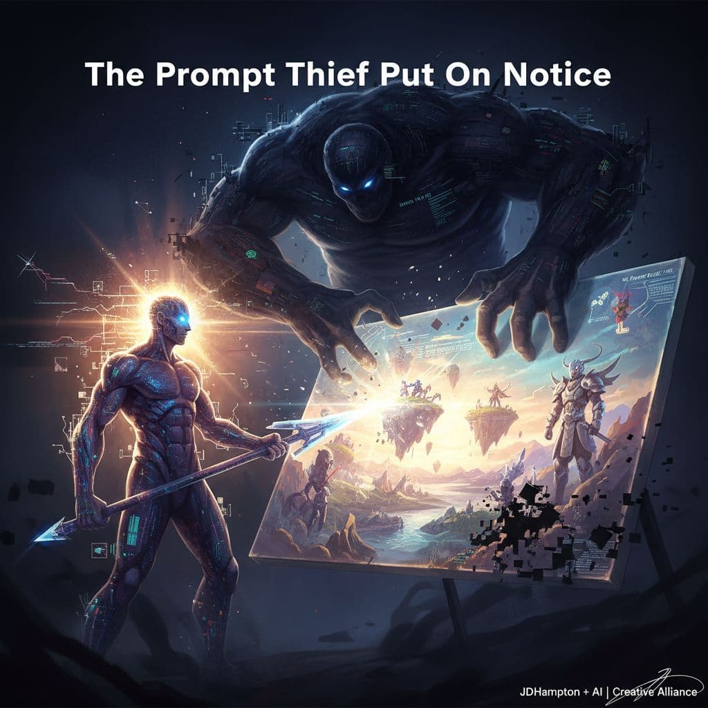 AI generated: Here is the prompt tribute, designed to visualize the standoff between the creator and the thief.
...