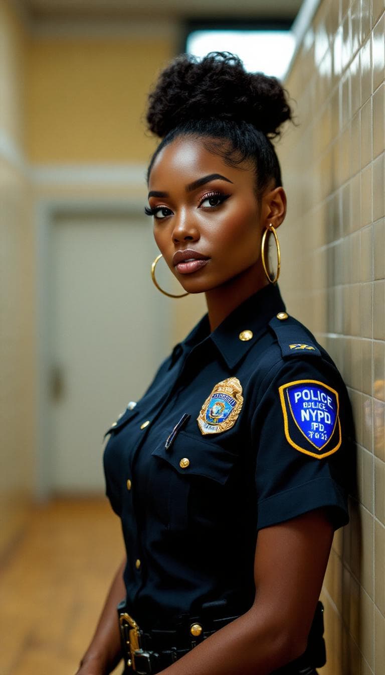 AI generated: Hyper-realistic photo of a gorgeous Afro-American police woman, high bun dark hair, Gold hoop earrin...