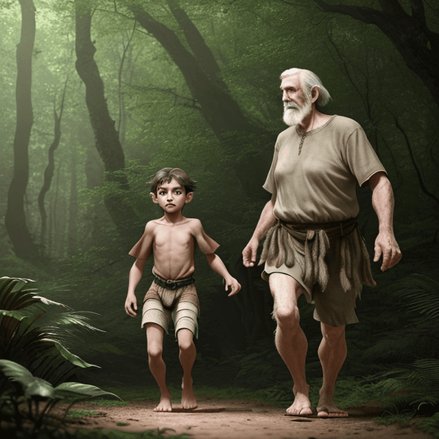 AI generated: frontal view of a young prehistoric boy and a tall and old prehistoric man.  Boy and Man keep hands ...