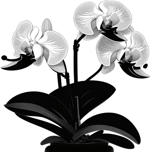 AI generated: Please draw an orchid made up of random curved stems with a thickness of 0.2cm in black and white.