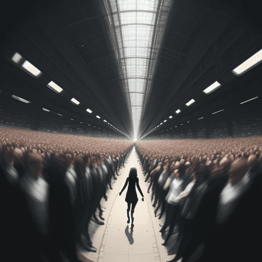 AI generated: A woman walking quickly, breaking through the crowd , panoramic