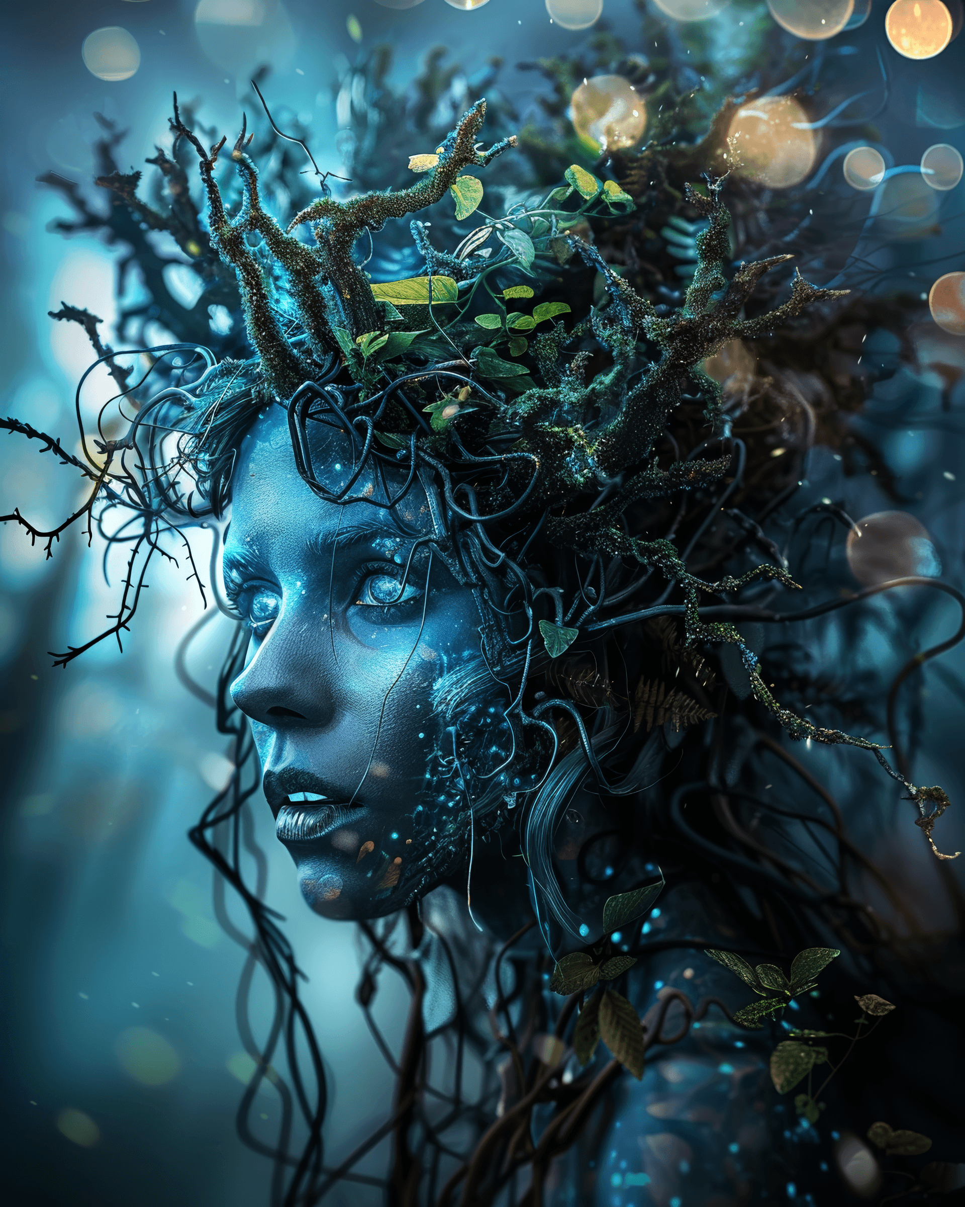 AI generated: full body portrait of a blue-skinned female with wild hair, covered in vines and leaves in the style...