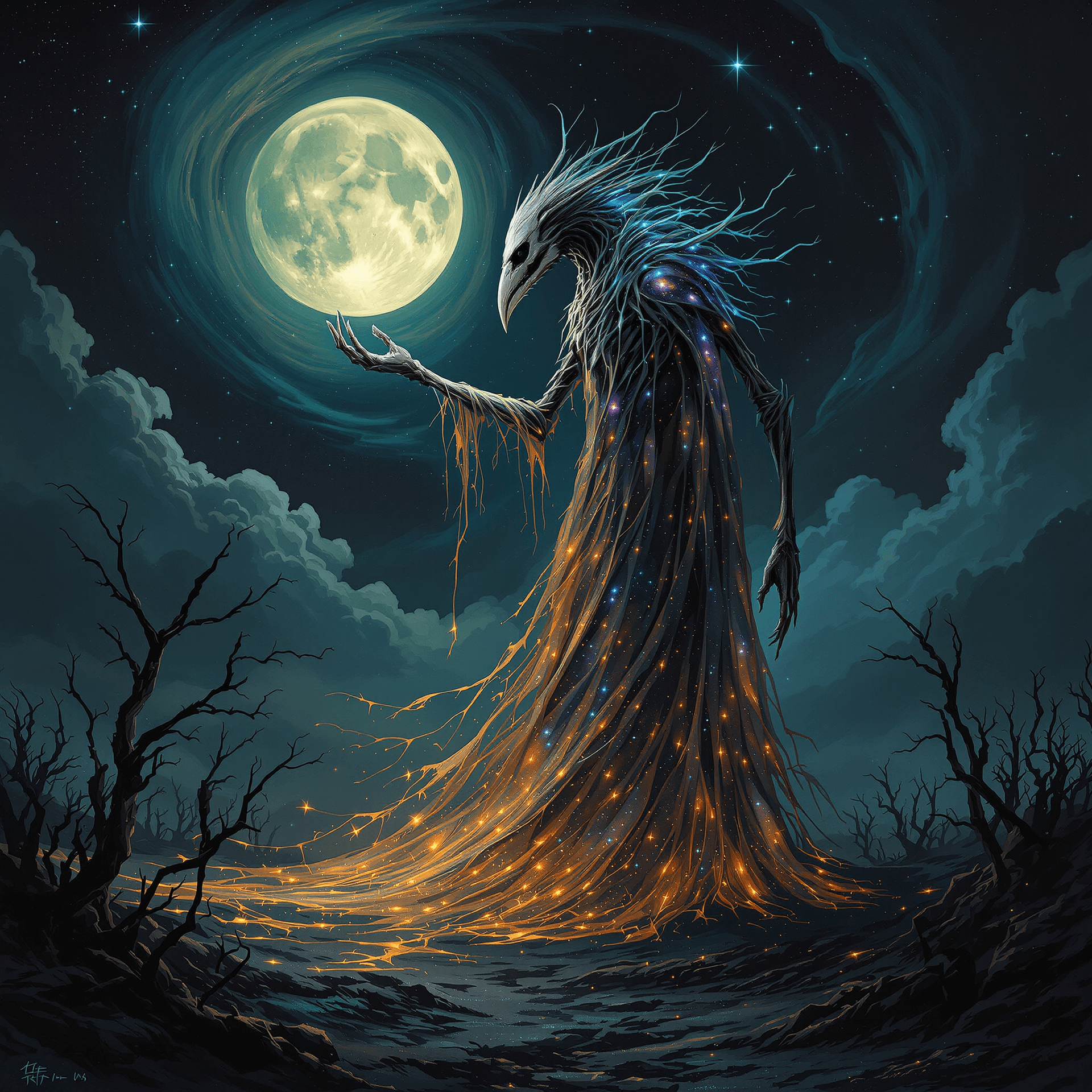 AI generated: A towering, otherworldly creature with long, spindly limbs, twisted horns, and a skeletal bird-like ...