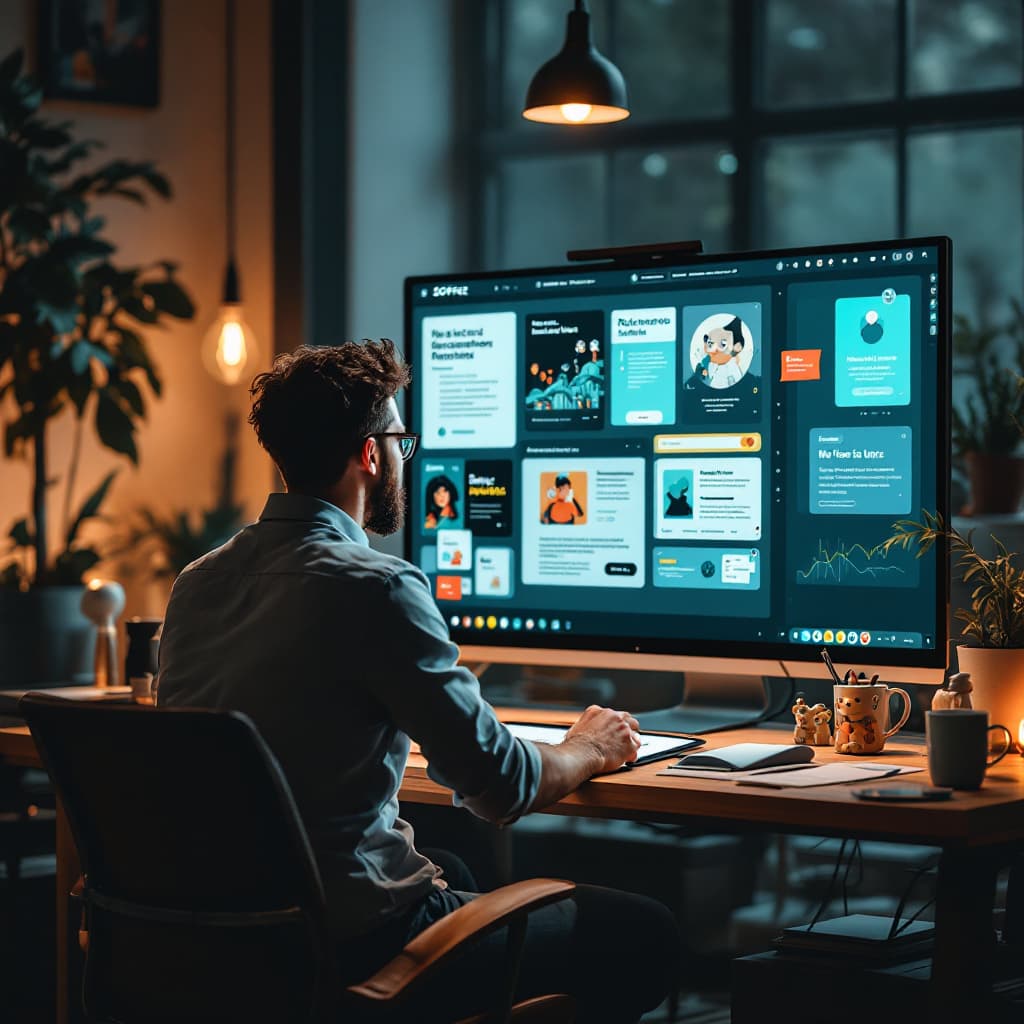 AI generated: Una fotografía digital de alta resolución, estilo realista, que muestra a un diseñador gráfico traba...