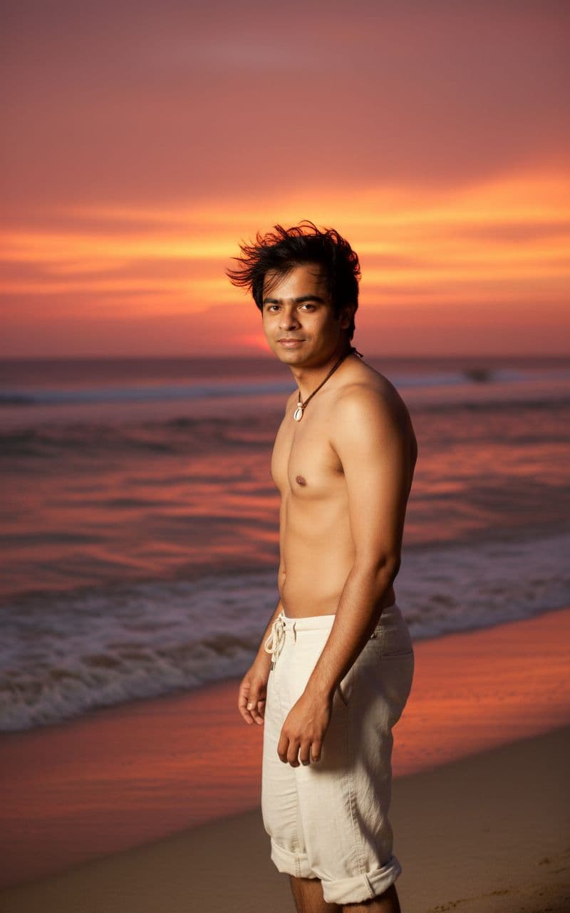 AI generated: A cinematic portrait of this man standing on the beach at sunset, with ocean waves behind him.

Wa...