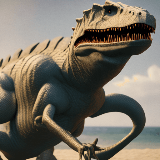 AI generated: an anthropomorphic T-rex humanoid woman wearing bikini, power posing,  symmetrical artwork. cinemati...