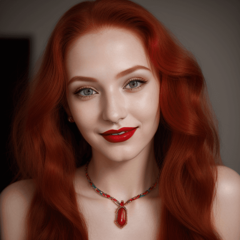 AI generated: hyper realistic headshot photo of a 20 year old stylish, woman,  elegant, long red hair, slim, skinn...