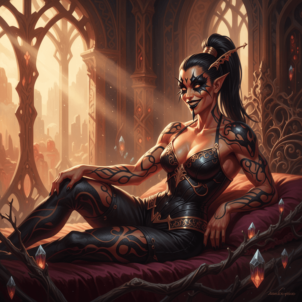 AI generated:  Strong athletic female demon with diamond-shaped face, pointed chin, and protruding upturned eyes, ...