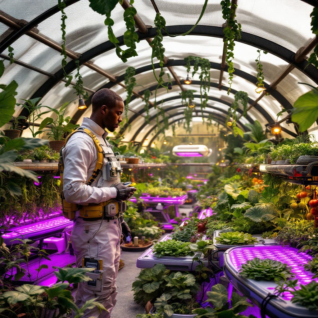 AI generated: "A futuristic greenhouse in an African village, with automated hydroponic systems, LED grow lights, ...