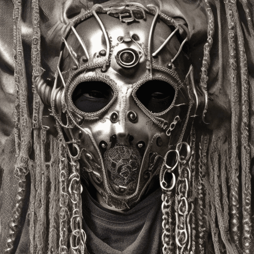 AI generated: a close up of a person wearing a mask with chains around it, metal mask, kris kuksi, inspired by Nic...