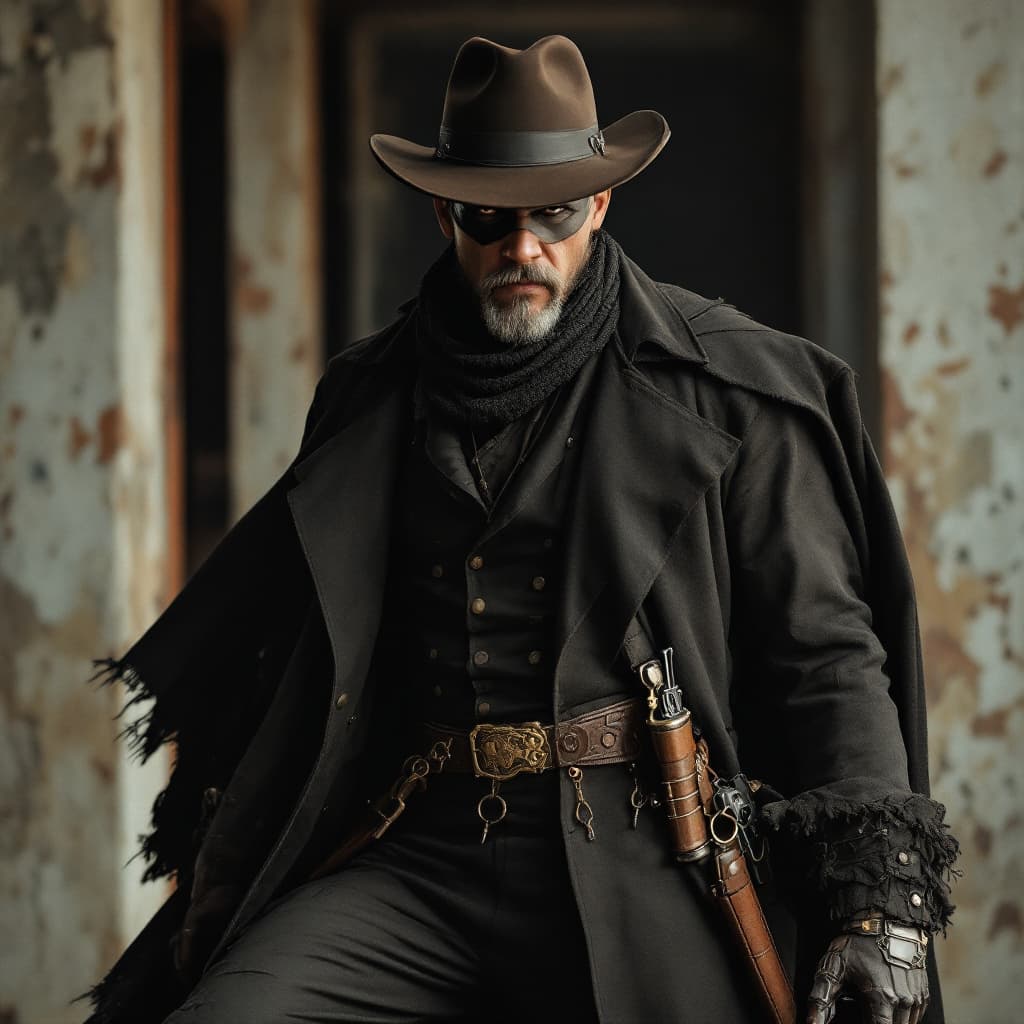 AI generated: He is The Gunslinger.  A super hero whose attire is straight from the 19th century gunslingers but l...