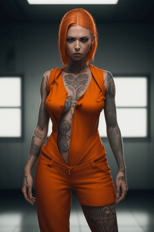 AI generated: female prisoner, prison, orange suit, cell, tattoo, (tattoos), (full body visible), looking at viewe...