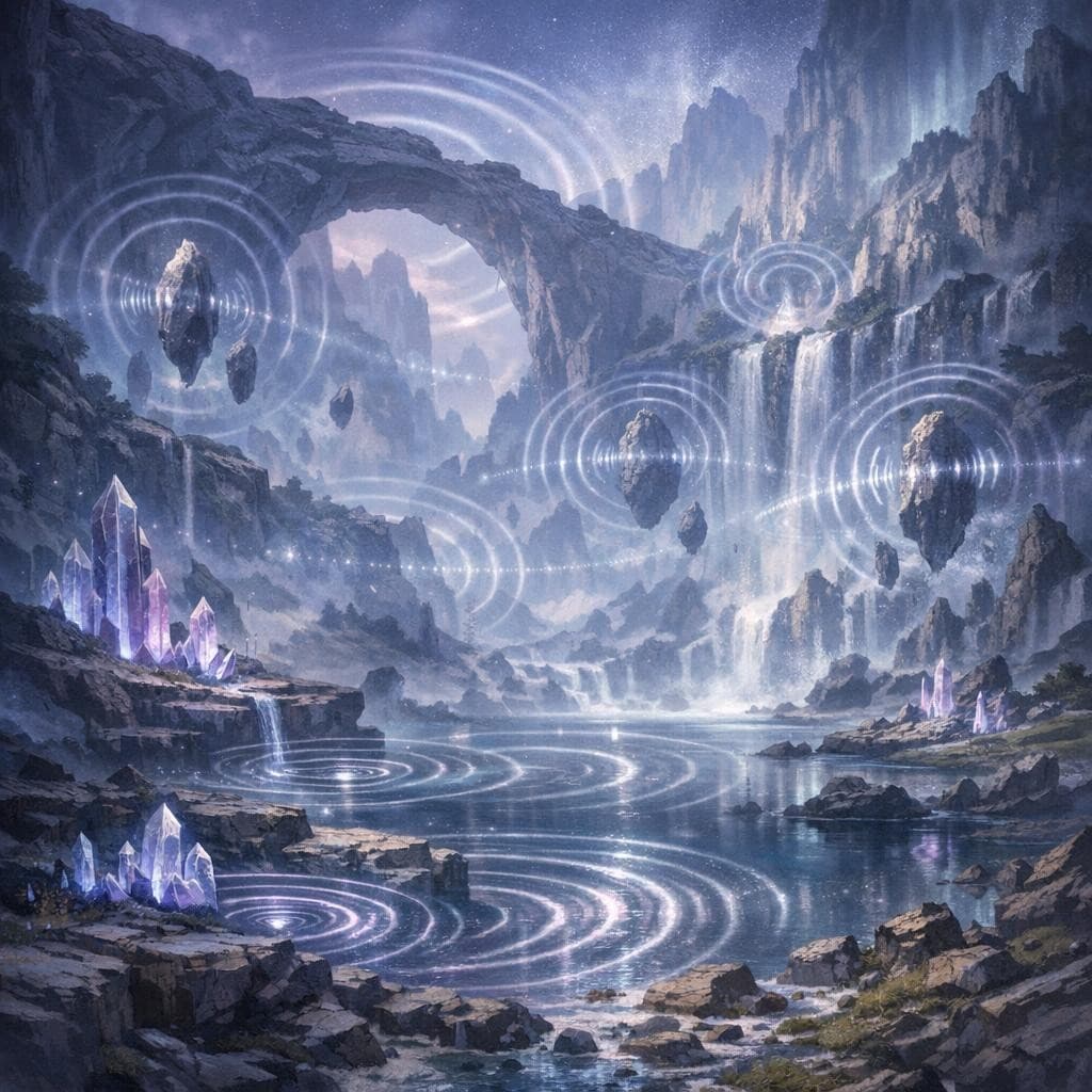 AI generated: Create a unique environment/Biome of a Sound → The Echoing Vale (sound travels and lingers unnatural...